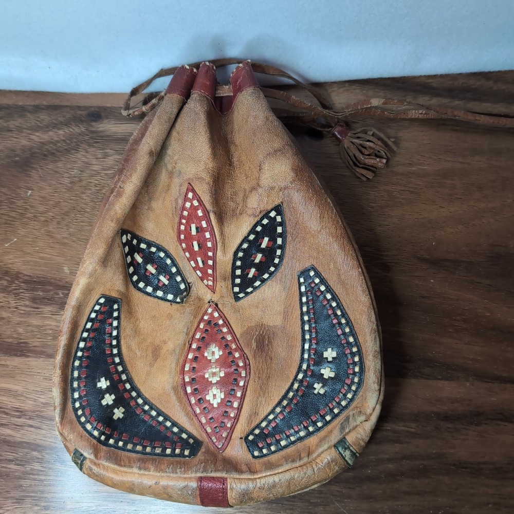 Vtg Handmade Morocco Leather Drawstring Pouch Bag Tribal Applique Tassel Boho